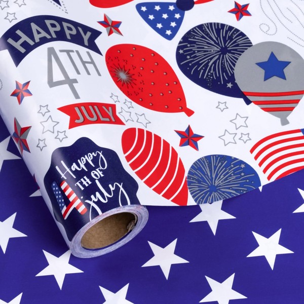 LeZakaa Reversible Patriotic Wrapping Paper Roll, Happy 4th of July
