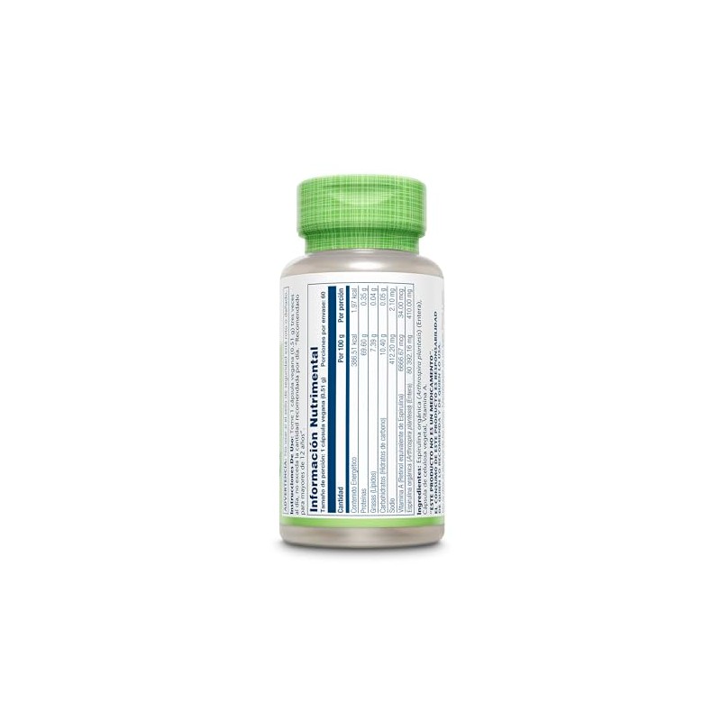 Solaray, SpirulinaEspirulina 410 mg, 60 cápsulas, Vegano, sin OGM