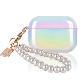 Glitter Laser Case for AirPods Pro 2nd Generation 2022 with Pearl Wrist Keychain,Colorful Rainbow Cute Airpod Pro 2 (2022) Case Women Girls Protective Skin Cover Soft TPU Shockproof-Pearl White