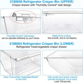 Paquete de 2 Cajón para nevera 2188656 mejorado (superior) y contenedor para nevera 2188664 (inferior) compatible con cajones de refrigerador Whirlpool Kenmore con control de humedad, materiales de grado alimenticio