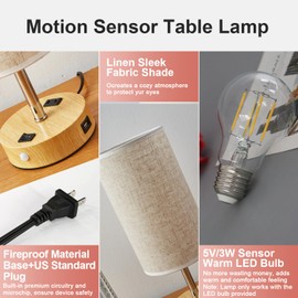 lifeholder Table Lamp with Motion Sensor or Constant on Mode, USB Lamp Include One LED Bulb, Built in 1 USB Port & 1AC Outlet, Bedside Lamp Idea for Bedroom, Hallway, Bath Room