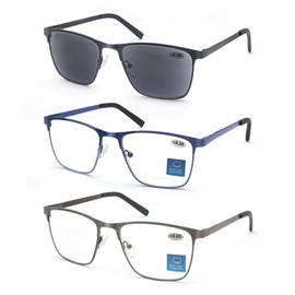 OLOMEE Reading Glasses Men +2.00 Blue Light Blocking Square Magnifying Readers Blue Ray Cheaters Glasses Metal Frames 3 Pack