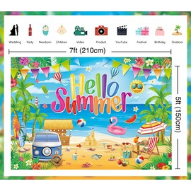 Hello Summer Backdrop Tropical Hawaiian Beach Surfboard Ocean Palm Tree Photography Background Luau Summer Pool Party Decorations Background (7x5ft(84''x60''))