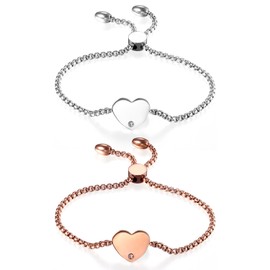 JewelryWe women’s stainless steel bracelet with high polished rhinestone heart pendant (customisable), Stainless Steel, 2 pieces + engraved
