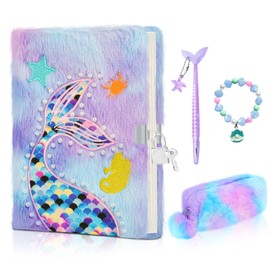 homicozy Secret Diary Girl with Lock, Girls Stationery, Mermaid Notebook with Plush Case for Girls, Private Notebook with Mermaid Pen and Shell Pearl Bracelet, Purple