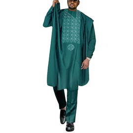 HD Nigerian Mens Clothes Wedding Attire Green Agbada Boubou Set Embroidery African Suit for Man 3XL