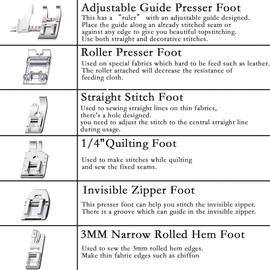 Turodeuo 12Pcs Presser Foot Kit,Straigh Foot, Roller Foot, Snap on Sewing Machine Foot Presser Feet Set for Sewing Machines Easy to Use