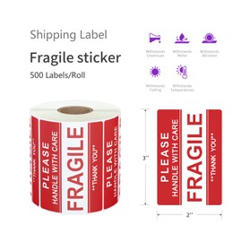 AveneMark 12 Rolls Fragile Sticker 3"x2" Please-Handle with Care-Fragile-Thank You Red Warning Shipping Label Stickers (500Labels/Roll,Total 6000 Label)
