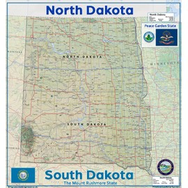 North & South Dakota Physical Map - 16.5 x 17.5 Inches - Paper Laminated