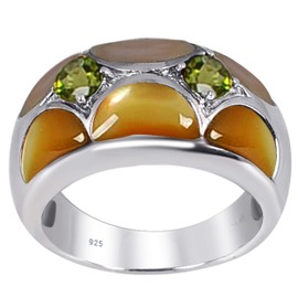 Green Peridot, Grey Mother Of Pearl 12.60 Ct Round 925 Sterling Silver Statement Rings For Women | Gemstones Ring Set For Womens | Beautiful Jewellery Present For Girls By Orchid Jewelry