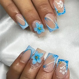 French Tip Press on Nails Short Square Fake Nails with Designs Cute Flower Stick on Nails Full Cover Spring Summer False Nails Nude Pink Acrylic Nails Reusable Glue on Nails for Women Manicure 24Pcs