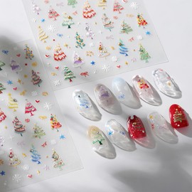 Christmas Tree Nail Art Stickers 5D Embossed Self Adhesive Colorful Nail Decals with Gold Silver Rhinestones Nail Design Tiny Star Bow Snowflake Firework Nail Supplies for Women Holiday Manicure DIY