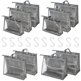 CINPIUK 10 Set Handbag Storage Organizer Dust Bags for Purses Handbags Closet, Clear Purse Protector Storage Bag Dust Cover for Bags, Closet Organizer for Handbags with Hooks, Grey