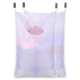 Space Saving Door-Hanging Laundry Hamper Bag + 2 Stainless Steel Hooks + 2 Suction Cups for Bedroom, Nursery, Dorm or Closet (Pack of 2 White)