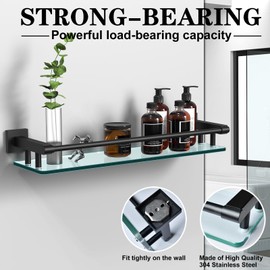 SFGSOWOR Bathroom Glass Shelf 20IN Rectangular Stainless Steel Tempered Glass Shelves Modern Stainless Steel Wall Mount Bathroom Shelf (Matte Black, 20‘’)