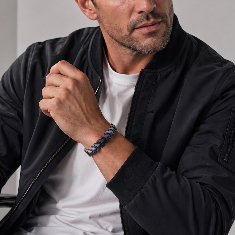 Men's Magnetic Bracelets, Stainless Steel Bracelet for Men-Black Blue Matte
