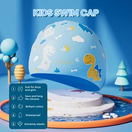 Kids Swimming Cap Silicone Swimming Cap for Boys Girls Children Teenagers (3-12 Years Old) Ear Covering Waterproof Swimming Caps Keep Hair Dry Swimming Caps (Blue Dinosaur)