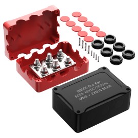 Power Distribution Waterproof Terminal Block 500A Bus Bar Box 2X Busbar M10 + 4X Busbar M8 Red Black Color with CoverRated Current: 500A, Rated Voltage: 48VDC