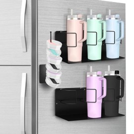 Magnetic Cup Holder for Fridge Water Bottle Organizer for Cabinet, 2Pcs Magnetic Cup Holder Heavy Duty with Tumbler Lid Organizer for 20oz 30oz 40oz Cup Accessories Storage (Black)