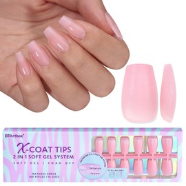 BTArtbox Short Coffin Nail Tips - XCOATTIPS Pink Soft Gel Nail Tips Natural False Nails Pre-applied Tip Primer, Soaked Off Press On Fake Nails, Ultra Fit Nail Extensions