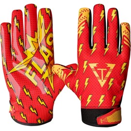 TAQCHA Thunder Football Gloves - Tacky Grip Skin Tight Football Gloves - Pro Elite Super Sticky Receiver Football Gloves - Adult & Youth Sizes (Red, Adult - Large)