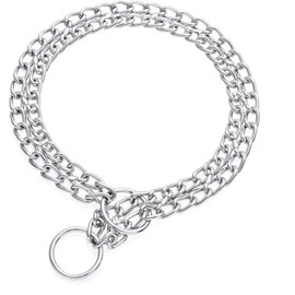 Heavy Duty Dog Choker Chain, Silver Double Row Martingale Chain Dog Collars, Chew Proof Metal Cuban Link Slip Collars Adjustable for Small Medium Large Breed Dogs (2 Row, L)