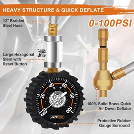 Tire Deflator with Pressure Gauge (0-100psi) Adjustable Tire Air Down Tool - Large 2.5" Easy Read Glow Dial & Solid Brass Hardware - Best Offroad Deflator Kit for Jeep, Truck or ATV