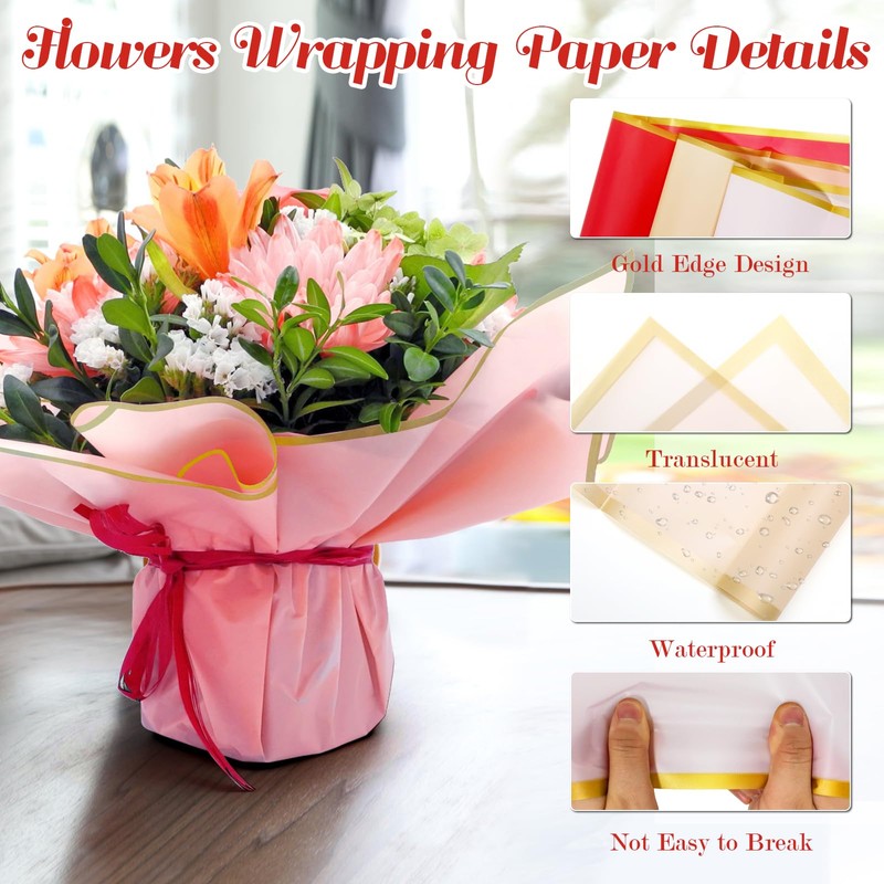 30 Sheets Flower Bouquet Wrapping Paper, COITEK Waterproof Gold Edge