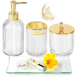 Gold Bathroom Accessories Set, 4Pcs Clear Glass Bathroom Accessory Sets Complete of Soap Dispenser, Toothbrush Holder, Apothecary Jar(Qtip Holder), Vanity Tray, Modern Home Decor Housewarming Gifts