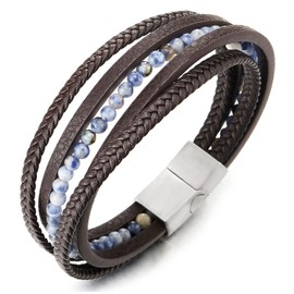 COOLSTEELANDBEYOND Multi-Strand Gem Stone Beads Chain Braided Leather Bracelet Wristband Steel Magnetic Clasp, Brown Leather and Synthetic Resin Beads, not-applicable