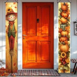 BlissYard Fall Harvest Vertical Door Banners 12x71 Inch Smiling Scarecrow Pumpkin Sunflower Stack Rustic Porch Decoration Entryway Hanging Sign Autumn Photo Backdrop Farmhouse Seasonal Wall Display