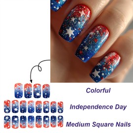 Independence Day False Nails 4th of July Press on Nails Glossy Medium Coffin Glue on Nail With Star Gradient Full Cover Artificial False Nail Reusable for Women24pcs