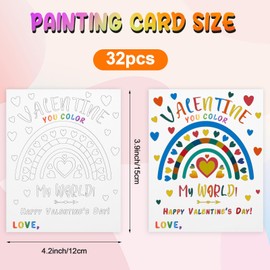 32 Pack Valentines Day Gift Cards for Kids Set Includes Valentines Gift Painting Cards Mini Watercolor Kids Paint Set, 5 Color Tray with Paint Brush Preschool Classroom Activity Kids Valentines