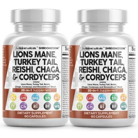 Clean Nutraceuticals Lions Mane 20in1 Mushroom Supplement with Turkey Tail Reishi Cordyceps Chaga Maitake Meshima Poria Cocos Shiitake Oyster Porcini Enoki - 2Pack