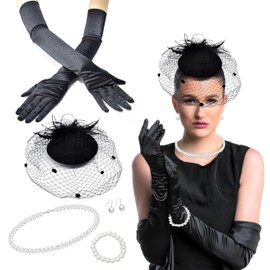 Fascinators Hat for Women, Vintage Derby Hat with Gloves Pearl Necklace Bracelet Earrings Set for Wedding Cocktail Tea Party