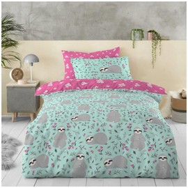 VELVETIO Luxury Kids Duvet Cover Set & Pillowcase, Boys & Girls Printed Sleepy Sloth Bedding Quilt Single, Soft Reversible Animal Comforter Bedset, Multi