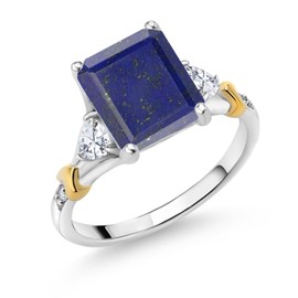 Gem Stone King 925 Silver and 10K Yellow Gold Blue Lapis and White Moissanite and Diamond Engagement Ring For Women (3.34 Cttw, Emerald Cut 10X8MM, Trillion 3.5MM) (Size 6)
