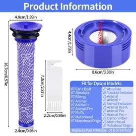 ROELLY Filter Set for Dyson V8/V7, Compatible with V7 V8 Animal Absolute Motorhead-4 Pre Filter, 4 Post Filters, 1 Brush, Efficient Filtration, Allergy Sufferers, Replacement Parts Accessories
