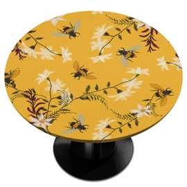 AUUXVA Bee Flowers Round Tablecloth with Elastic Edge Tablecloth Spill Proof Washable Table Cover for Kitchen Dining Party Outdoor Decor Fits Up 36-42 inch