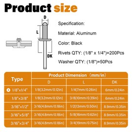 JTAREA 250pcs 1/8" x 1/4" Black Aluminum Pop Rivets with Stainless Steel Washers 3.2 x 6.4mm Blind Rivet Assortment Kit