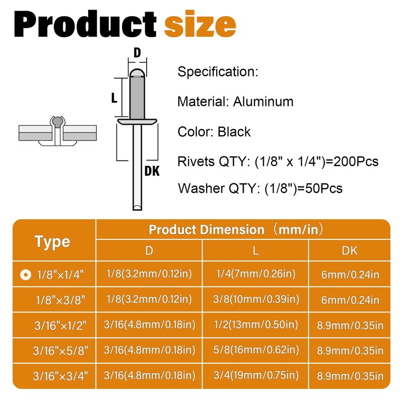 JTAREA 250pcs 1/8" x 1/4" Black Aluminum Pop Rivets with