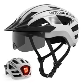 OutdoorMaster Helmets for Adults - Mountain & Road Bike Helmet with Rechargeable Safety Light, Detachable Goggles and Sun Visor - Easy to Adjust, Breathable, Lightweight - Matte White, Large