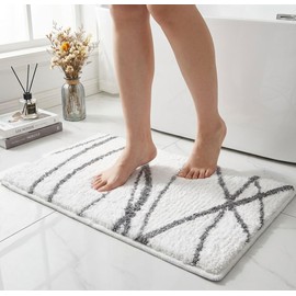 Tititex Luxury White Grey Curve Line Bathroom Rug, 16x24 inch Classic Extra Soft and Absorbent Microfiber Bath Rugs, Non-Slip Plush Shaggy Bath Carpet, Bath Mat for Bathroom, Tub and Shower
