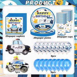 77-Piece Police Birthday Party Tableware Set, Children's Birthday Decoration Accessories, Police Party Decorations for 20 People, Plates Cups Cloths Car Foil Balloons Latex Balloons