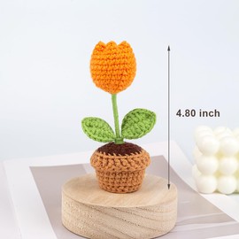 Lutoku Cute Knitted Flower Plant, Kawaii Handmade Crochet Flowers,Small Potted Artificial Flower Plants, Desk Home Car Dashboard Decorations (Tulip-Orange)