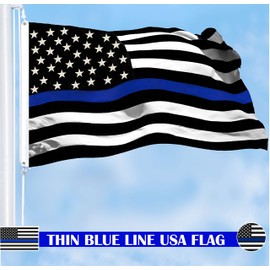 G128 - Thin Blue Line Flag 2x3 FT Embroidered Heavy Duty 220GSM Tough Spun Polyester U.S. American Flag Brass Grommets Honoring Men and Women of Law Enforcement Black White and Blue US Flag