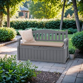 Devoko 80 Gallon Storage Bench Deck Box Lockable for Patio Furniture, Garden Decor and Outdoor Seating for Cushions, Garden Tools and Pool Supplies. (Grey)