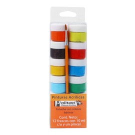 Politex Set 2 Estuches de Pinturas Acrílicas Politec total 24 Frascos de 10 ml c/u 12 tonos clásicos y 2 colores nacarados, 3 metálicos y 7 fluorescentes. Incluye 1 Pincel en cada set