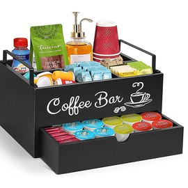 Coffee Station Organizer, Wooden Coffee Bar Accessories Organizer with Drawer Farmhouse Coffee Pods Holder Storage Box with Handle Coffee Bar Organizer Countertop for Home Office. (2 Tier)