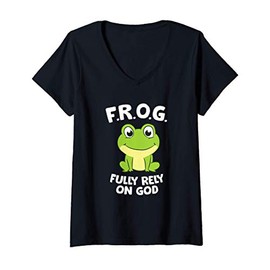Womens Cute Frog Fully Rely On God Christian Frog V-Neck T-Shirt